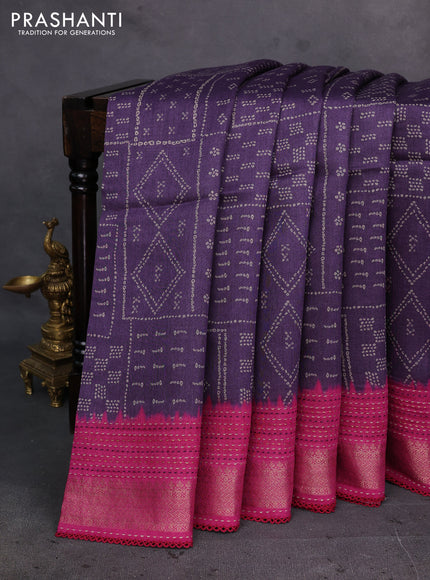 Purple & Magenta Pink Pure Munga Tussar Silk - Kantha Embroidery