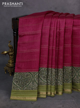 Kumkum Red & Green Pure Munga Tussar Silk - Kantha Embroidery