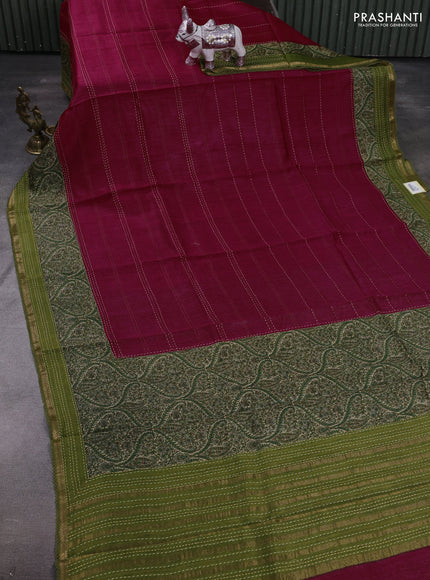 Kumkum Red & Green Pure Munga Tussar Silk - Kantha Embroidery