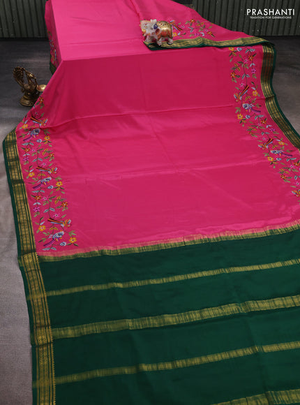 Pink & Green Pure Mysore Silk - Embroidery