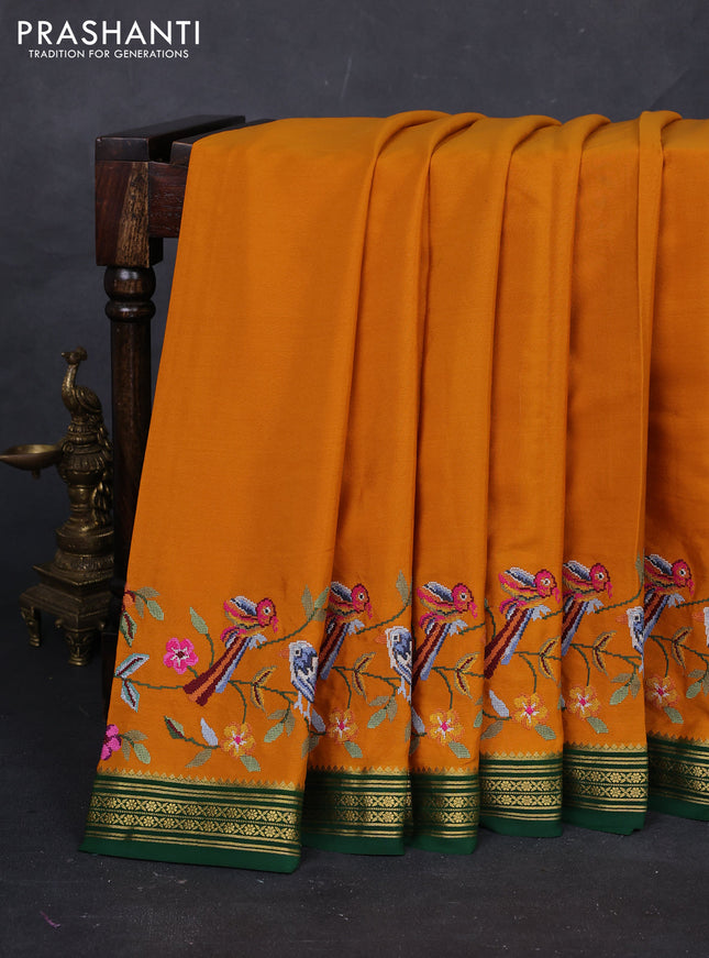 Mango Yellow & Green Pure Mysore Silk - Embroidery