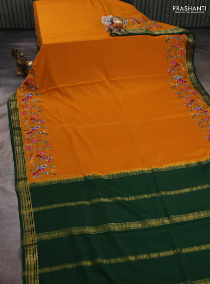 Mango Yellow & Green Pure Mysore Silk - Embroidery