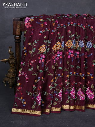 Wine Pure Mysore Silk - Embroidery