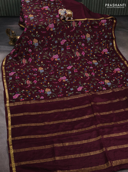 Wine Pure Mysore Silk - Embroidery