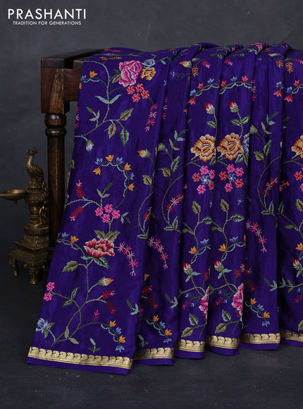 Blue Pure Mysore Silk - Embroidery