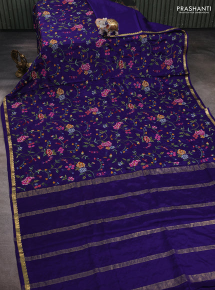 Blue Pure Mysore Silk - Embroidery