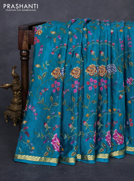 Blue Pure Mysore Silk - Embroidery
