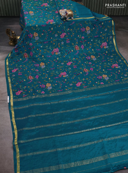 Blue Pure Mysore Silk - Embroidery