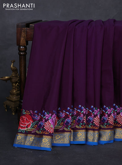 Purple & Blue Pure Mysore Silk - Embroidery