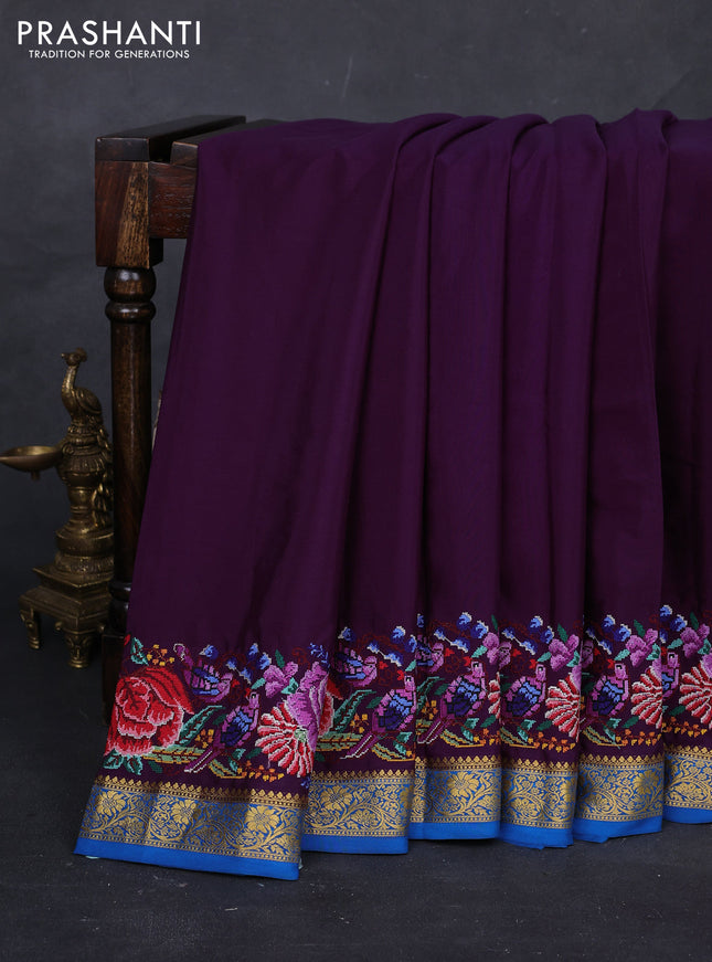 Purple & Blue Pure Mysore Silk - Embroidery