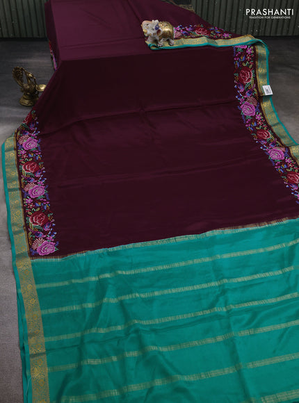 Wine & Teal Green Pure Mysore Silk - Embroidery