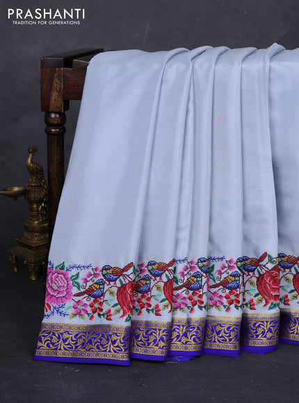 Grey & Royal Blue Pure Mysore Silk - Embroidery