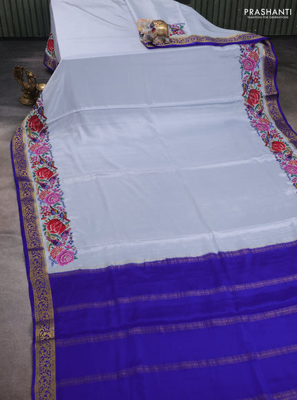 Grey & Royal Blue Pure Mysore Silk - Embroidery