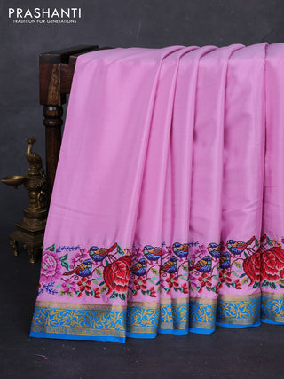 Lotus Pink & Blue Pure Mysore Silk - Embroidery