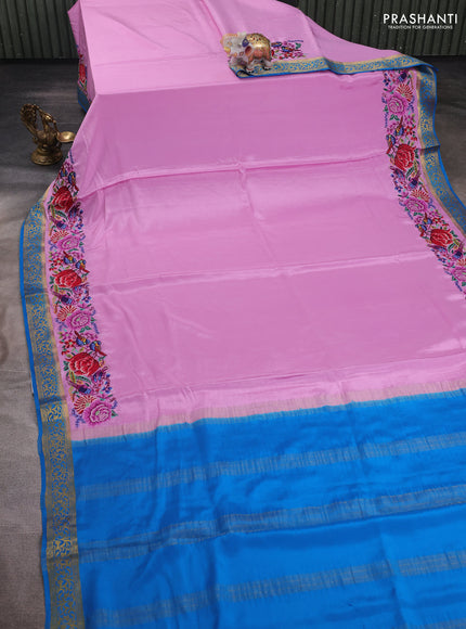 Lotus Pink & Blue Pure Mysore Silk - Embroidery