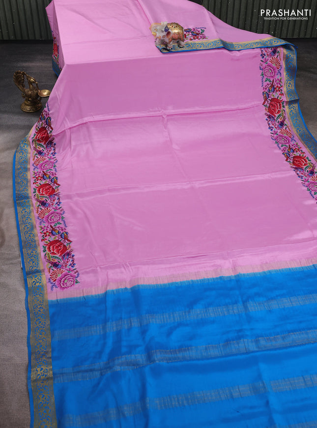 Lotus Pink & Blue Pure Mysore Silk - Embroidery