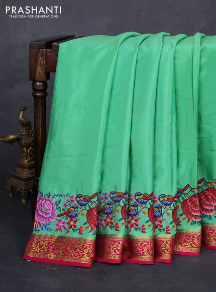 Green & Pink Pure Mysore Silk - Embroidery