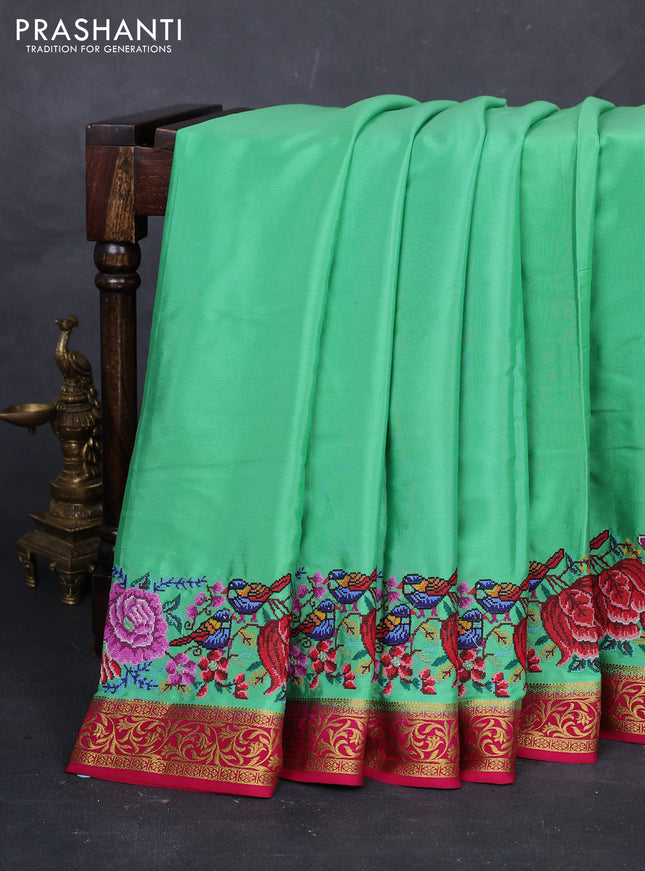 Green & Pink Pure Mysore Silk - Embroidery