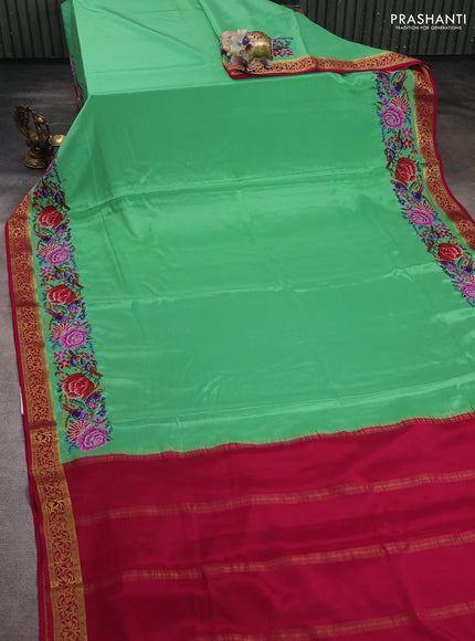 Green & Pink Pure Mysore Silk - Embroidery