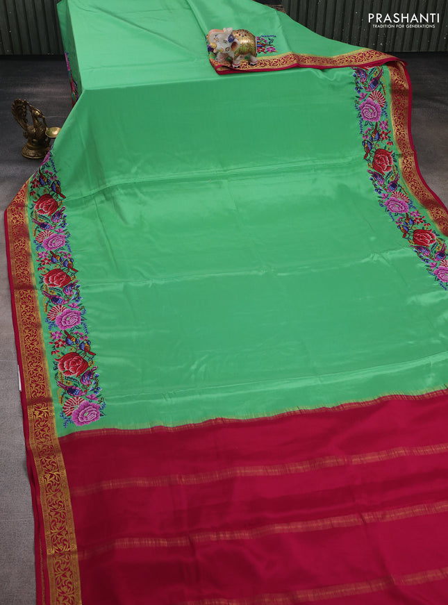 Green & Pink Pure Mysore Silk - Embroidery