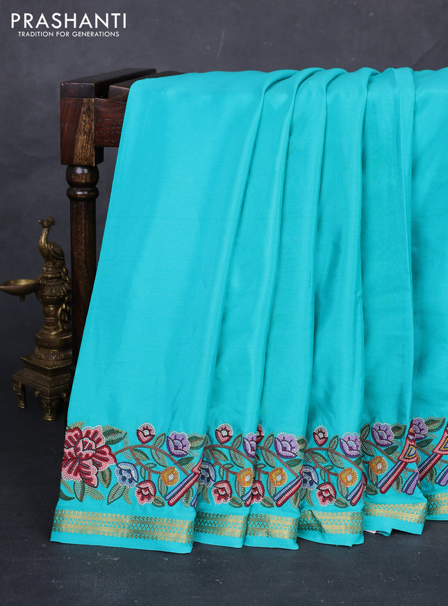 Teal Blue Pure Mysore Silk - Embroidery