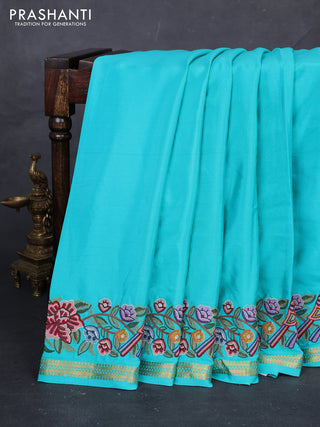 Teal Blue Pure Mysore Silk - Embroidery