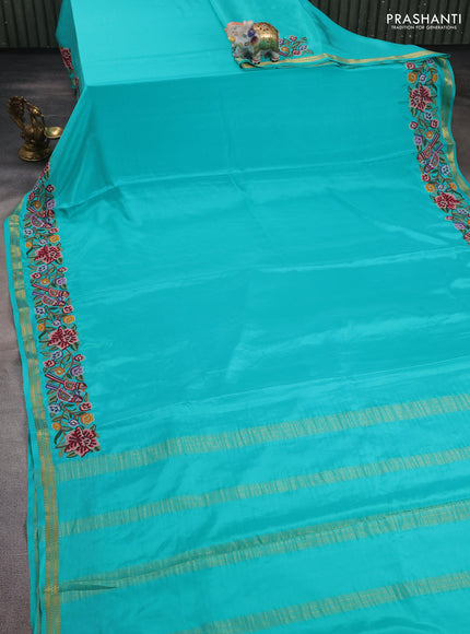 Teal Blue Pure Mysore Silk - Embroidery
