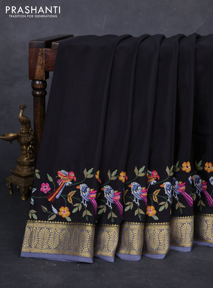 Black & Grey Pure Mysore Silk - Embroidery
