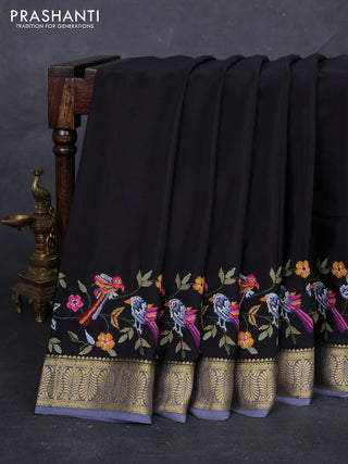 Black & Grey Pure Mysore Silk - Embroidery