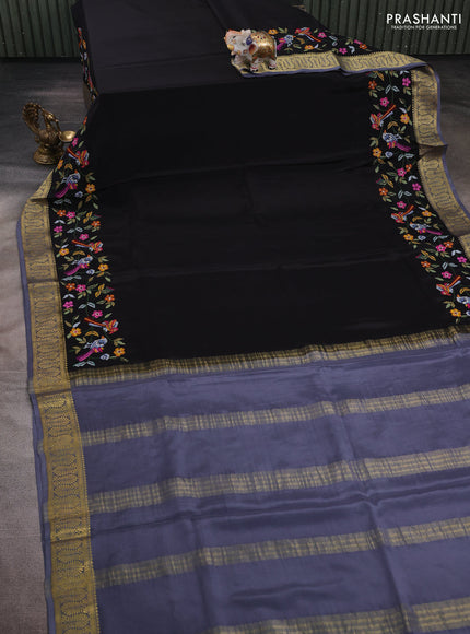 Black & Grey Pure Mysore Silk - Embroidery