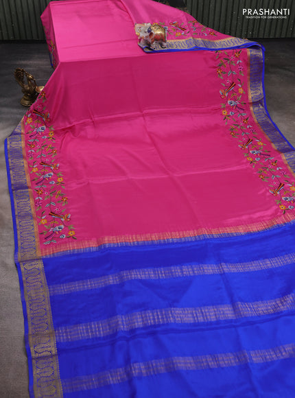Pink & Blue Pure Mysore Silk - Embroidery
