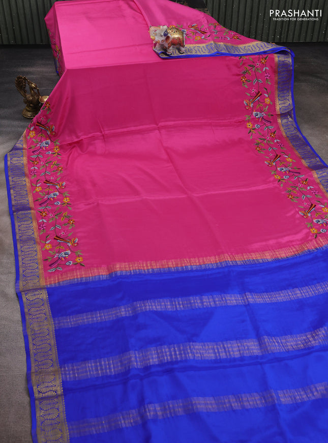 Pink & Blue Pure Mysore Silk - Embroidery