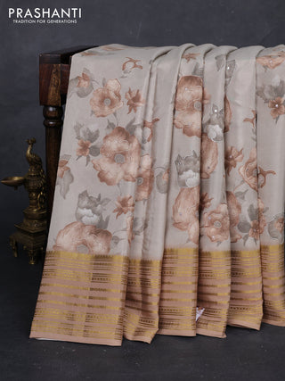Beige & Pastel Brown Pure Mysore Silk - Embroidery