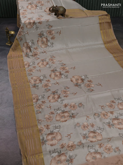 Beige & Pastel Brown Pure Mysore Silk - Embroidery