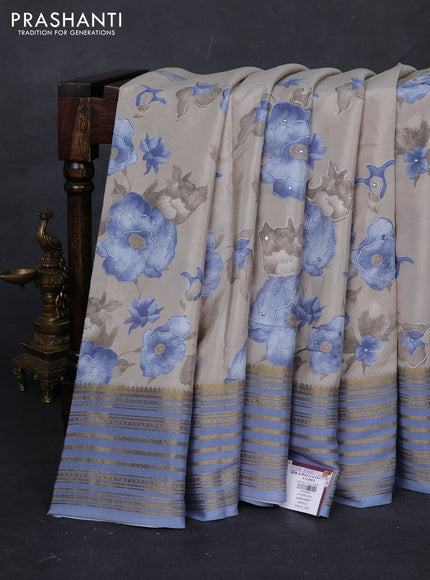 Beige & Blue Pure Mysore Silk - Embroidery