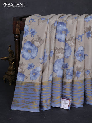 Beige & Blue Pure Mysore Silk - Embroidery