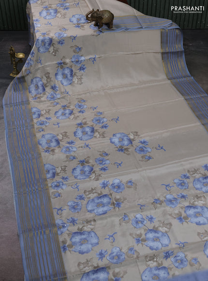 Beige & Blue Pure Mysore Silk - Embroidery