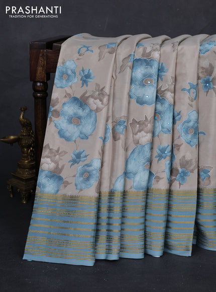 Beige & Pastel Blue Pure Mysore Silk - Embroidery