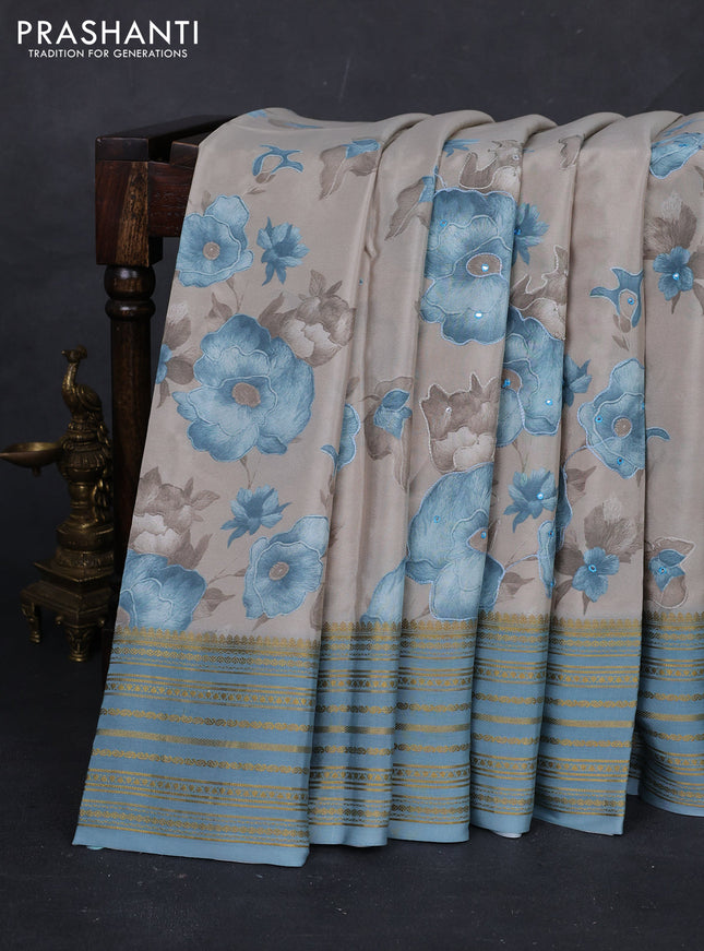 Beige & Pastel Blue Pure Mysore Silk - Embroidery