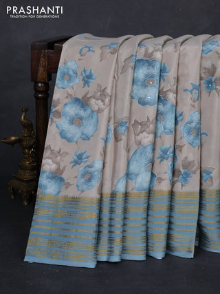 Beige & Pastel Blue Pure Mysore Silk - Embroidery