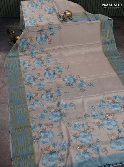 Beige & Pastel Blue Pure Mysore Silk - Embroidery
