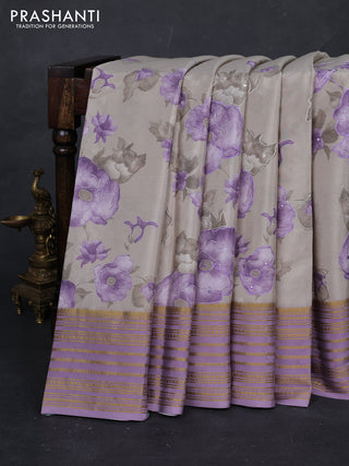 Beige & Lavender Pure Mysore Silk - Embroidery