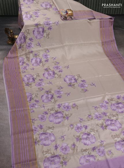 Beige & Lavender Pure Mysore Silk - Embroidery