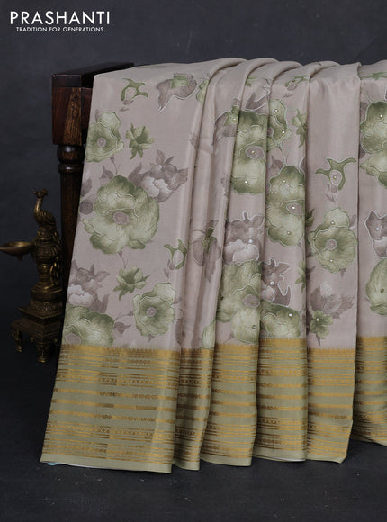 Beige & Pastel Green Pure Mysore Silk - Embroidery