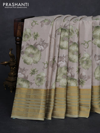 Beige & Pastel Green Pure Mysore Silk - Embroidery