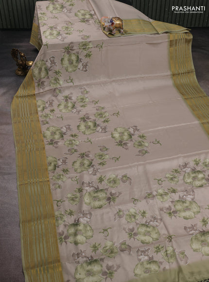 Beige & Pastel Green Pure Mysore Silk - Embroidery