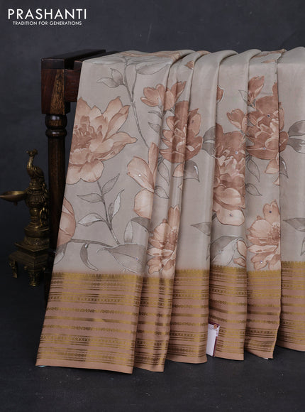 Beige & Pastel Brown Pure Mysore Silk - Embroidery