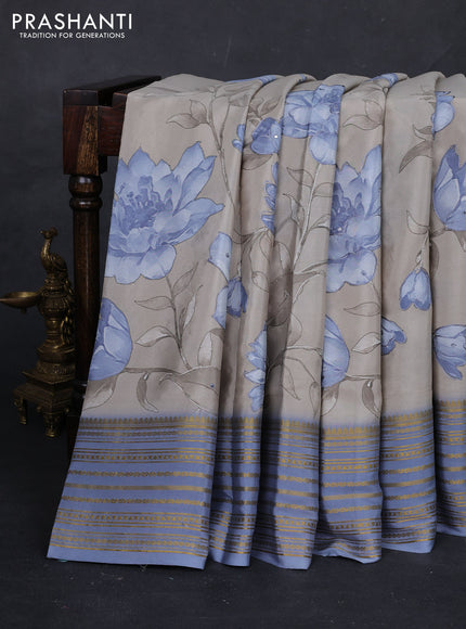 Beige & Blue Pure Mysore Silk - Embroidery