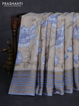 Beige & Blue Pure Mysore Silk - Embroidery