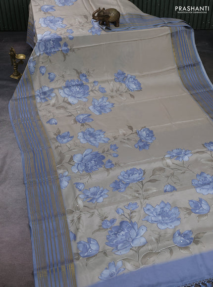 Beige & Blue Pure Mysore Silk - Embroidery